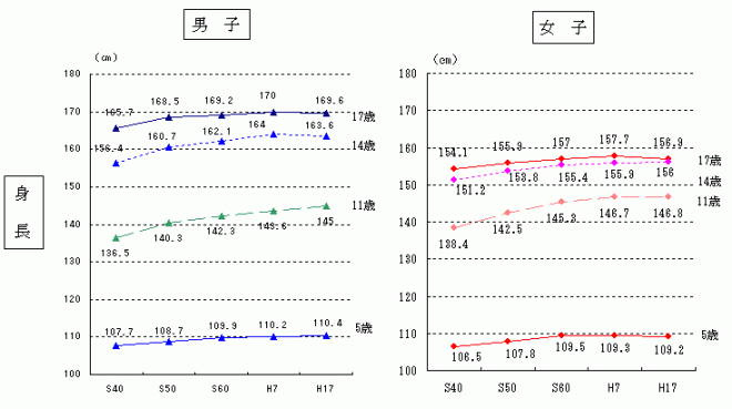 グラフ1：身長の年代推移、男子女子