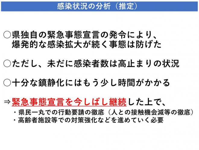 緊急事態宣言の発令により爆発的な感染拡大は防げたが未だ感染者数は高止まりの状況。十分な鎮静化にはまだ時間がかかると判断し、緊急事態宣言の継続を決定