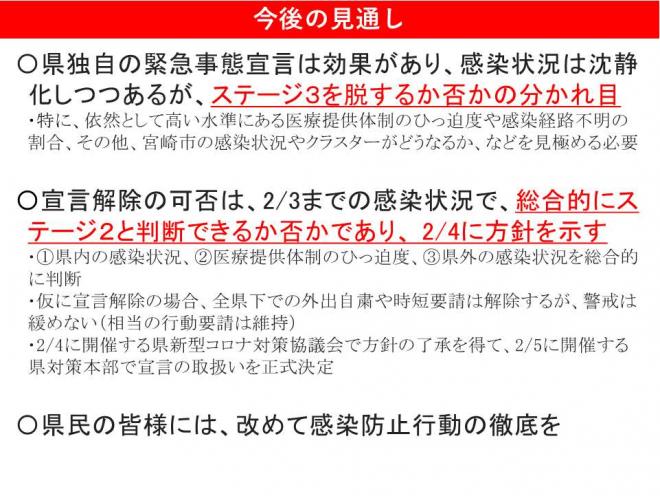 今後の見通し：1.ステージ3を脱するか否かの分かれ目2.宣言解除の可否は2月3日までの状況がステージ2と判断できるか否か3.県民の皆さまには、改めての感染防止行動の徹底を